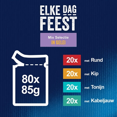 Felix Pouch Elke Dag Feest In Gelei Tonijn / Kabeljauw / Rund / Kip 80X85 Gr